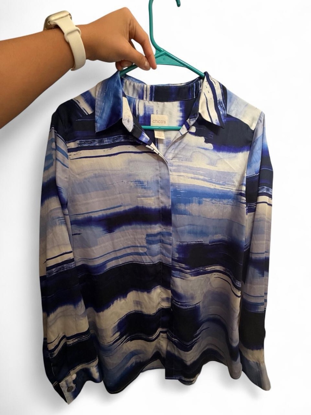 Chico's Blue, Navy & white Watercolor-Stripe Button Down Shirt